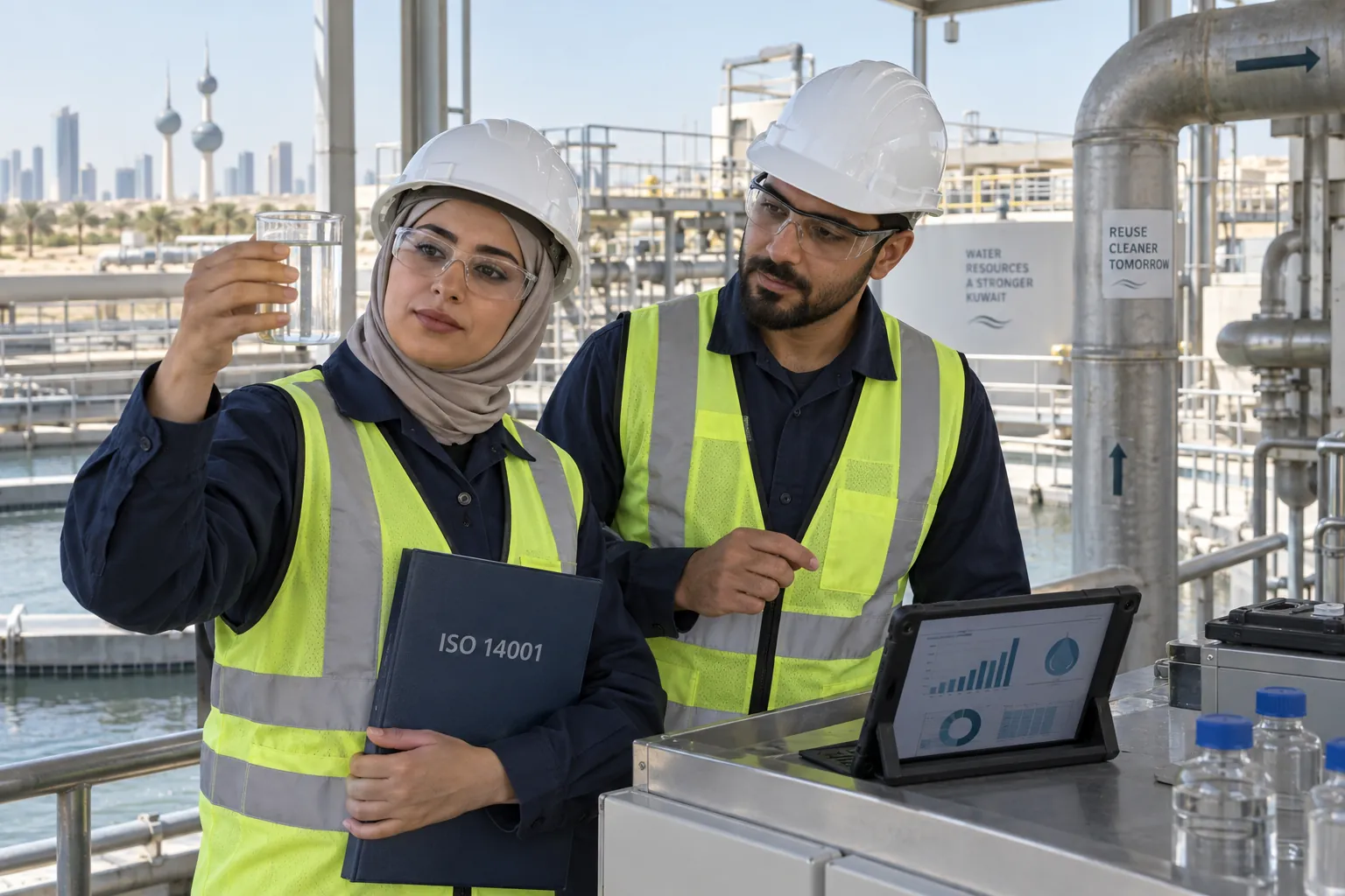 فحص جودة المياه في محطة معالجة وفق ISO 14001 بالكويت
