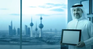 أهداف الأيزو القابلة للقياس في الكويت — مستشار كويتي يحمل شهادة أيزو في مكتب يطل على أبراج الكويت
